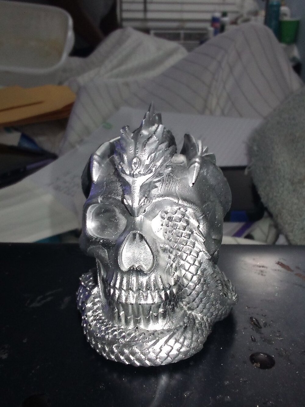 Handmade Silver Resin Skull and Dragon Statue